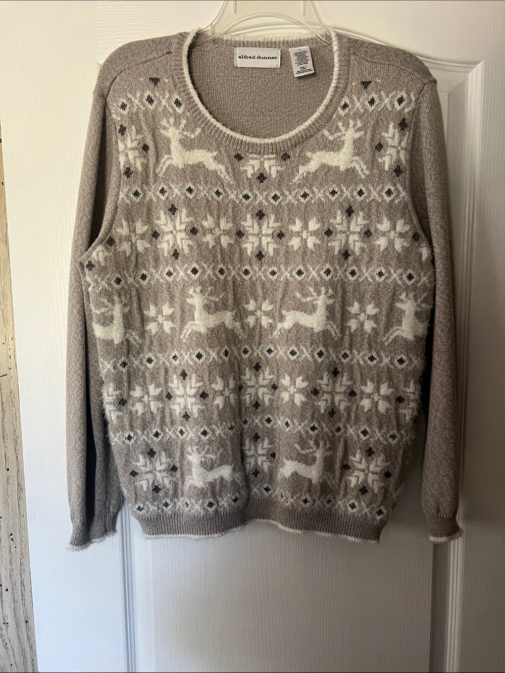 Alfred Dunner Taupe and Cream Reindeer Fair Isle Crewneck Sweater